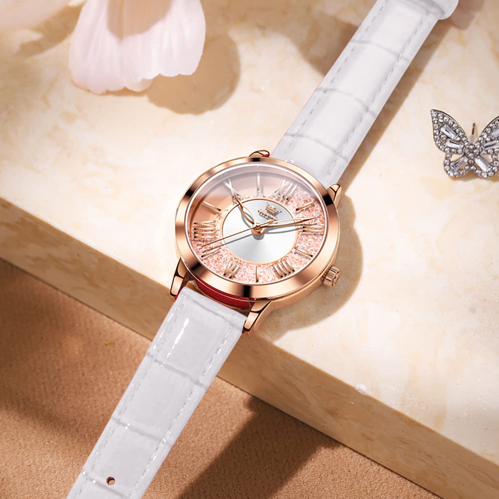 OLEVS Watch Rose Gold Dial with Quicksand Quartz White Women's - Popular, Cute, Sparkling, Diamonds, Movement, Waterproof, Luminous, Gift,