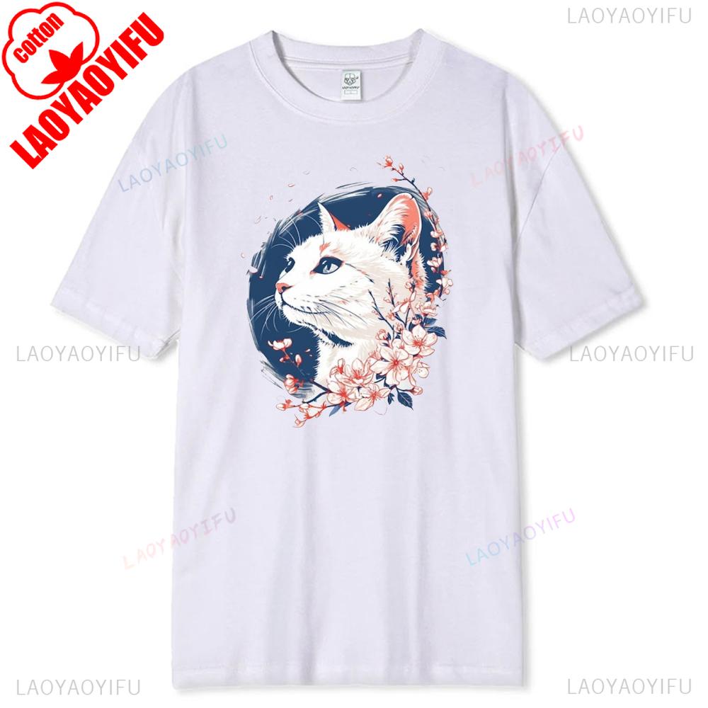 Japanese Cat Tshirt Kawaii Y2k Graphic Japan Sakura Shirt Cute Anime Streetwear Top Unisex Cotton Tshirt Harajuku Breathable