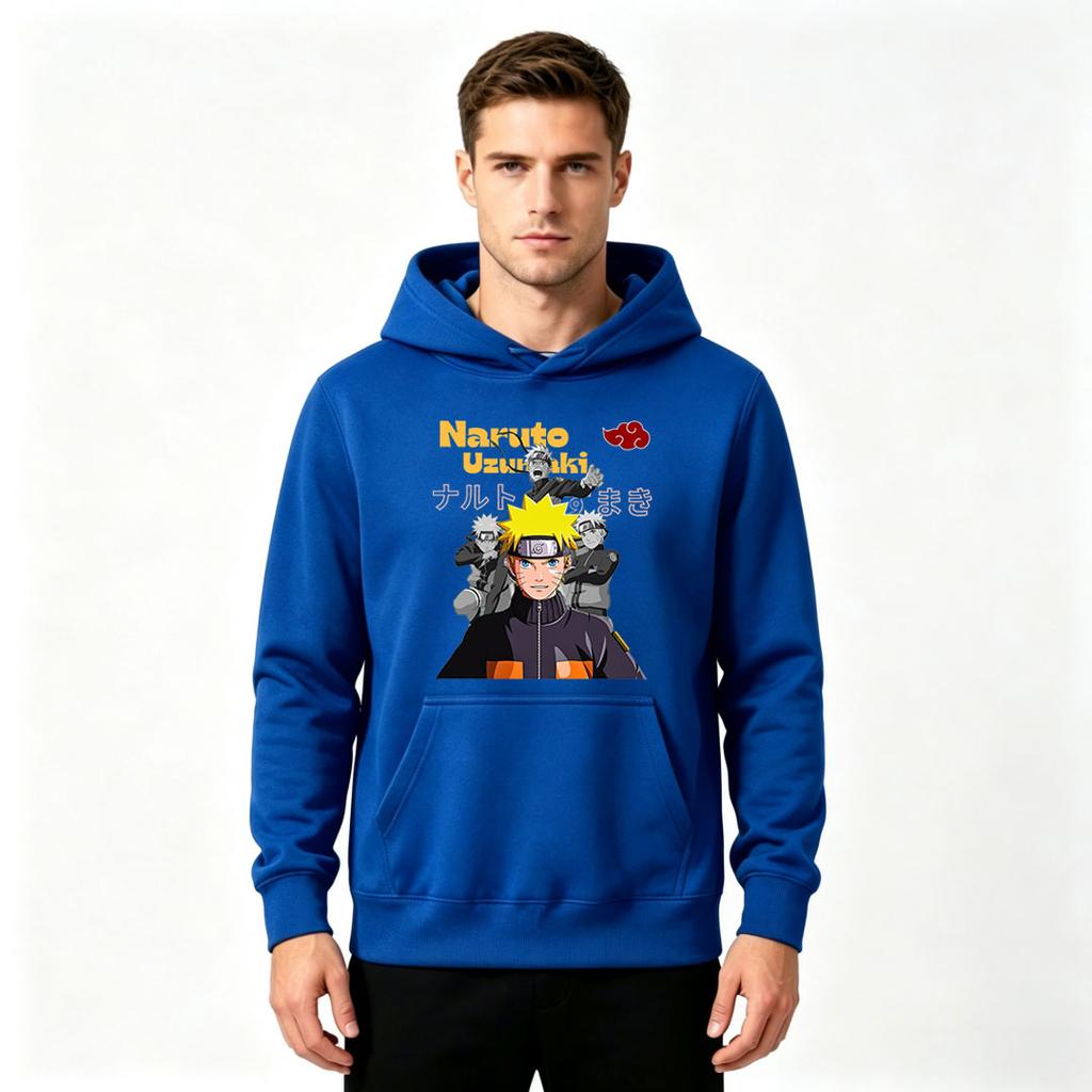 Men Print Pullover Hoodie, Anime Character Uzumaki Naruto Pattern Casual Loose Sweatshirt for Daily Wear