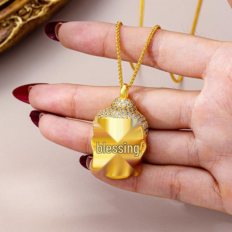 Модное винтажное ожерелье с головой Будды в вьетнамском стиле и бриллиантовыми акцентами - Отделка песочным золотом, Высококачественное сохранение цвета