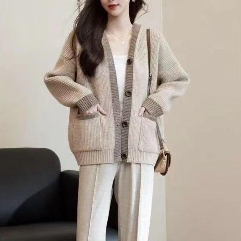 Свободный свитер с капюшоном в стиле колор-блок, женский вязаный кардиган, толстое пальто