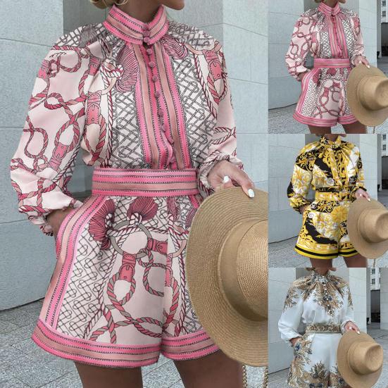 1 комплект, женский комплект с рубашкой и шортами, винтажный узор, водолазка с принтом, двухсекционный однобортный топ с длинными рукавами и карманами, офисные шорты