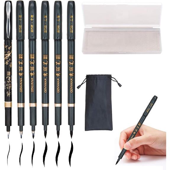 Hand Lettering Pens, Refillable Calligraphy Pens Brush Marker Pens Set Black, 4 Size for Writing, Painting, Drawing, Pack of 6