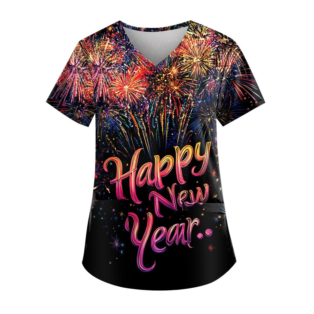 Женская модная новогодняя футболка с короткими рукавами, V-образным вырезом и маленьким карманом