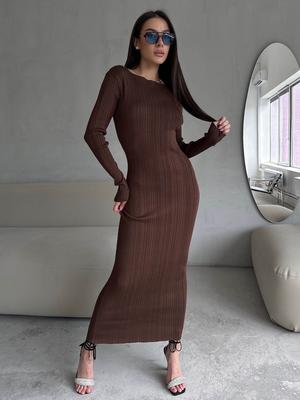 Вязаное платье с длинным рукавом для женщин, однотонное, с круглым вырезом и прорезью, приталенное, больших размеров, макси