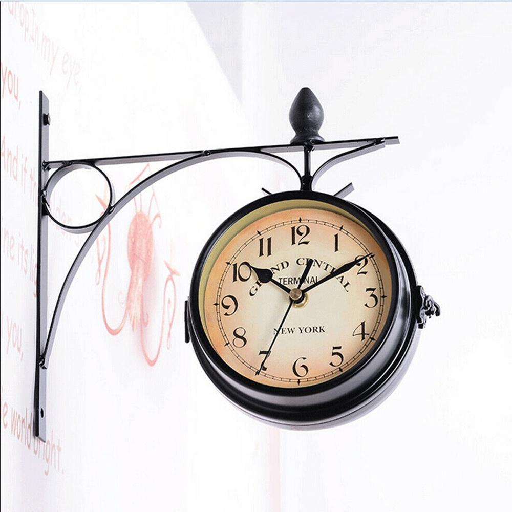 Gentral Station Hot Classic Retro Garden Home Decoration Bracket Metal Clock Double Sided Wall Clock Outside