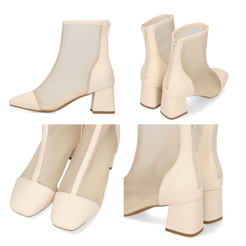 Короткие толстые квадратные удобные для ходьбы большие маленькие прозрачные БЕЖЕВЫЕ [Oriental Traffic] ботинки, ботинки, тюль, каблук, носок, женские, носить, в, размерах, размерах,