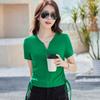 Women's Summer Design Slim V-Neck T-Shirt Drawstring Button Short Sleeve High Waist T-Shirt