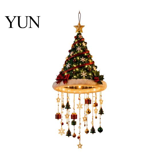 Staggered Light Pendant Lighted Christmas Ceiling Hanging Decor, Pre-Lit Tree Bell with LED Warm LED, Porch Doorway Holiday Ornament, Indoor