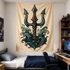 Hanging Tapestry for Wall Decor Traditional Tattoo Style Teal Trident with Waves On Beige for Adult Nautical Decor