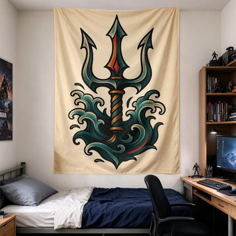 Hanging Tapestry for Wall Decor Traditional Tattoo Style Teal Trident with Waves on Beige for Adult Nautical Decor