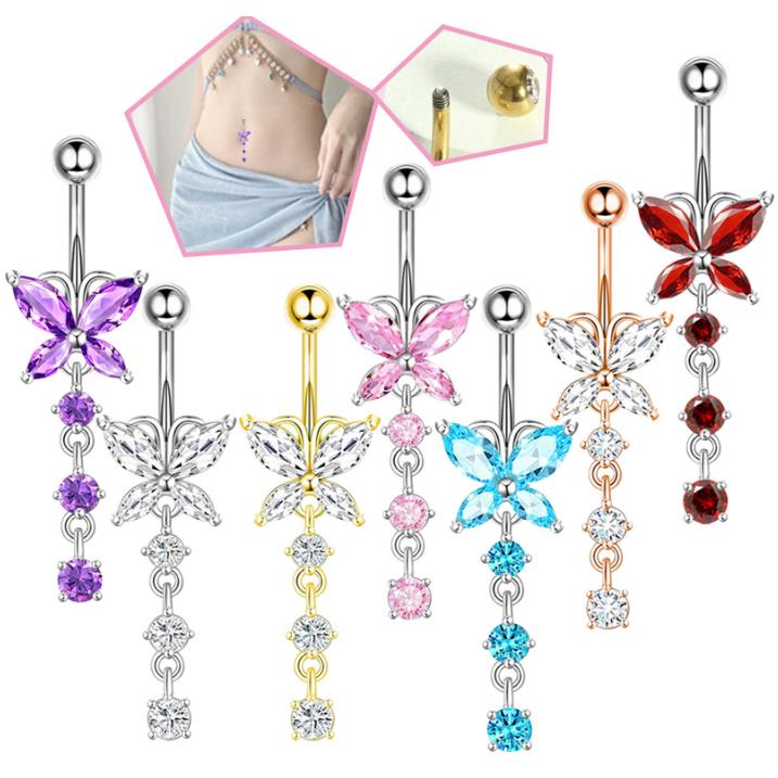Women's Stainless Steel Sexy Beach Butterfly Zircon Pendant Perforated Belly Rings 10mm Gold Plated Third Party Certified Trendy