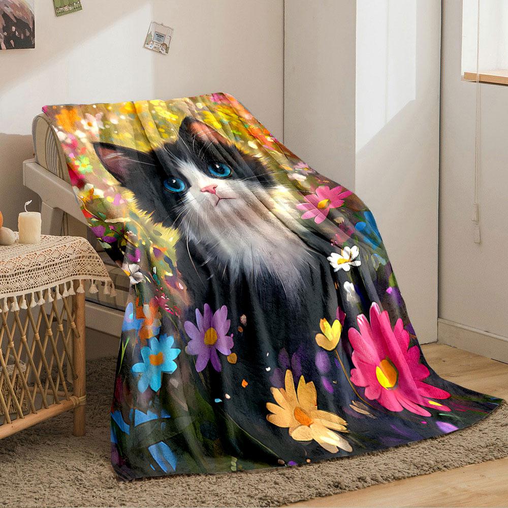 Cute Black and White Cat Blanket for all seasons blanket lunch break throw gift