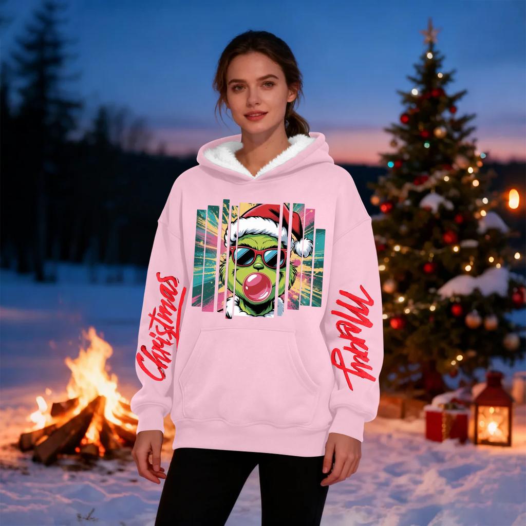 Женская повседневная модная толстовка с капюшоном большого размера, утепленная флисом, с рождественским принтом