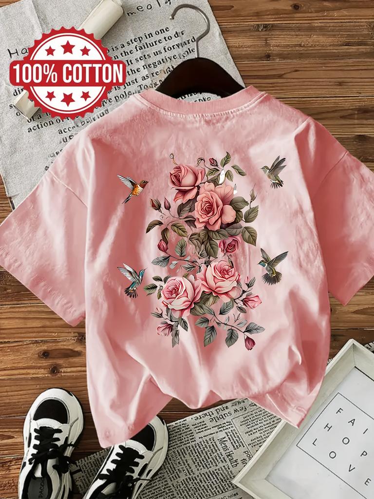 100% Polyester Women'S Floral with Bird Print T-Shirt Casual Round Neck Short Sleeve Tee Flowers Vintage Design Ladies T Shirts