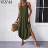 Women's Fashion Summer Spring Solid Color Print Sleeveless Suspenders V-Neck Loose Waistline Casual Dresses
