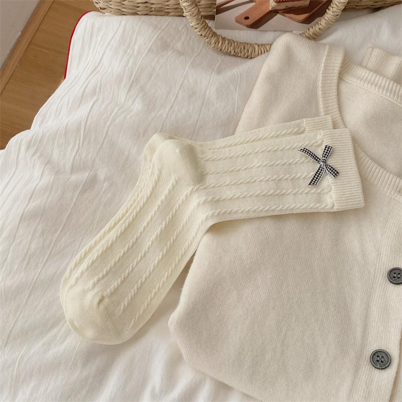 Autumn and Winter Three-dimensional Bow Boneless Mid-calf Socks, Sweet Socks, Women's Lace Socks, Grey Twisted Pile Socks