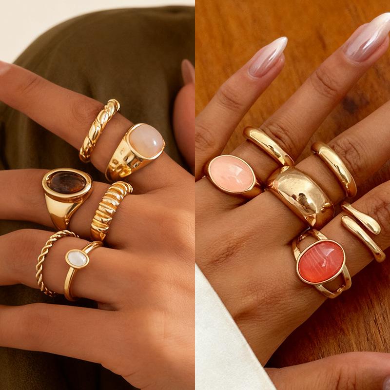 Fashionable Wave Pattern Ring Set Trendy inlaid metallic ring Simple open-front multi-piece set for women