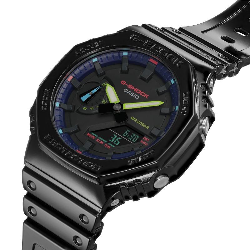 Casio Мужские часы G-SHOCK на смоляном ремешке, водостойкость 200 м, аналогово-цифровые, ударопрочные, кварцевые, GA-2100RGB-1A