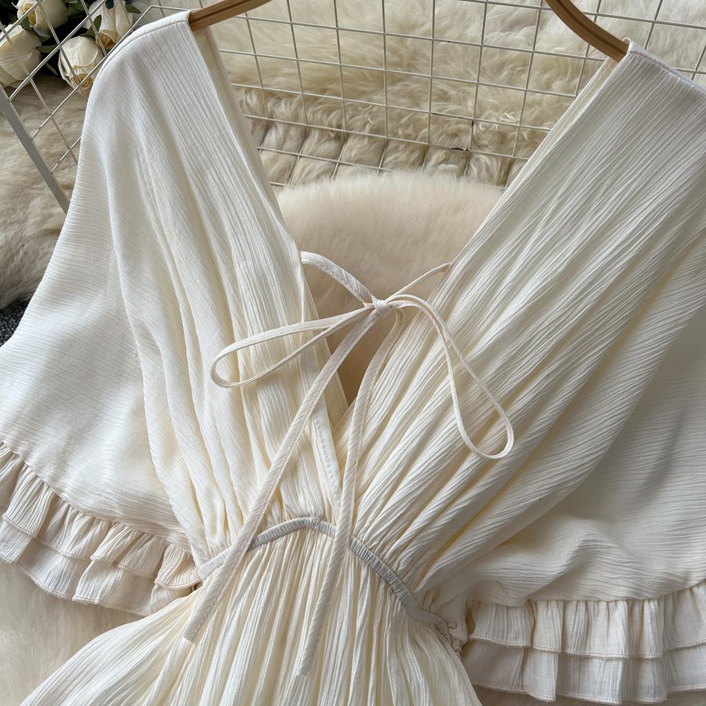 Летние женские платья макси с глубоким V-образным вырезом и оборками из цельного шифона большого размера в стиле бохо на пляже и праздниках