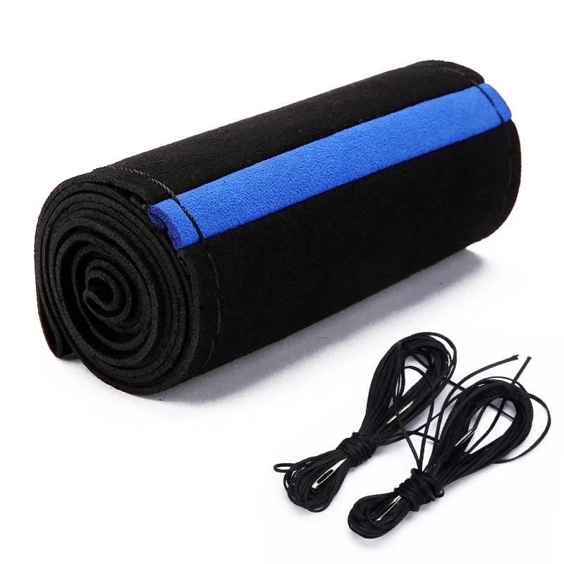 Черный замшевый чехол на руль с иголками и нитками, оплетка своими руками, чехол на руль автомобиля диаметром 38 см, автомобильные аксессуары