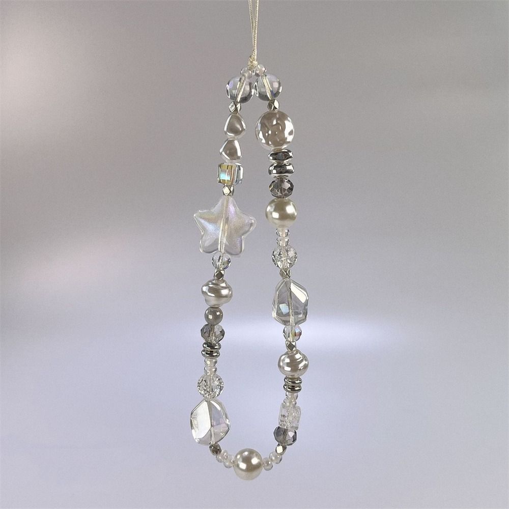 Y2K Silver Phone Lanyard Clear Star Beads Phone Chain Cell Phone Strap Bracelet Keychain
