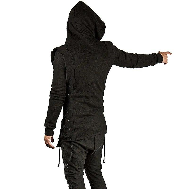Men's Black Streetwear Zipper Hoodies Sweatshirts Hip Hop Casual Hooded Coat With Side Lashing Crossed Hoody Tracksuits