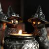 Halloween Black Cats Candle Holder Gothic Resin Cat with Witch Hat Statue Tea Light Holder for Indoor Party Mantel Coffee Table Centerpiece