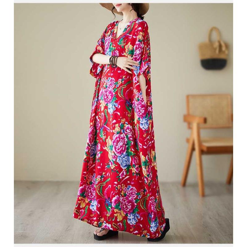 Летние платья из хлопка и шелка с V-образным вырезом, большого размера, свободные, в стиле литературного отпуска, для пляжа