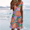 Summer Fashion Women's V Neck Short Sleeve Flower Printed  Dress Sex Short Skirt Dresses