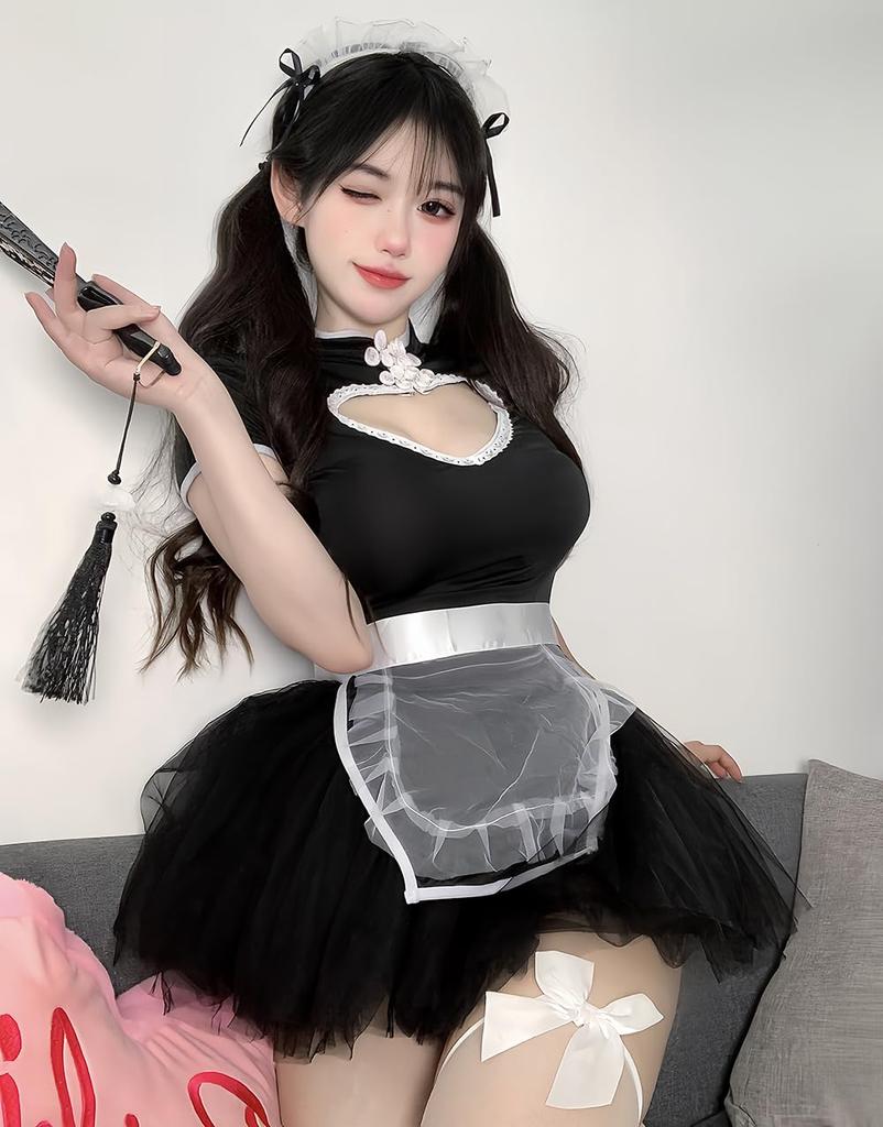 Униформа горничной Маскировка Открытая грудь Сексуальный Косплей Черно-белая кружевная мини-юбка Косплей Хэллоуин Цельный короткий рукав Экстремальное обнажение Сексуальный Эротический