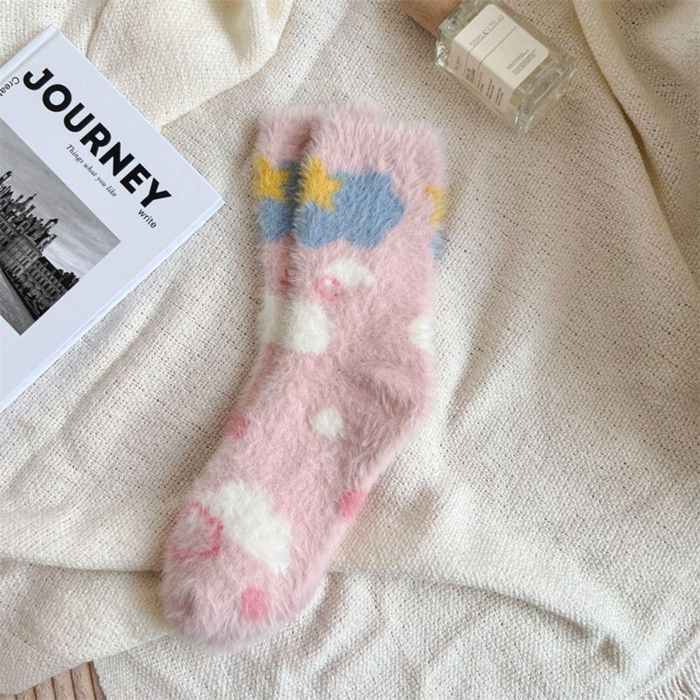Keep Warm Mink Velvet Socks Flower Heart Pattern Winter Socks Sweet Middle Tube Sock Ladies