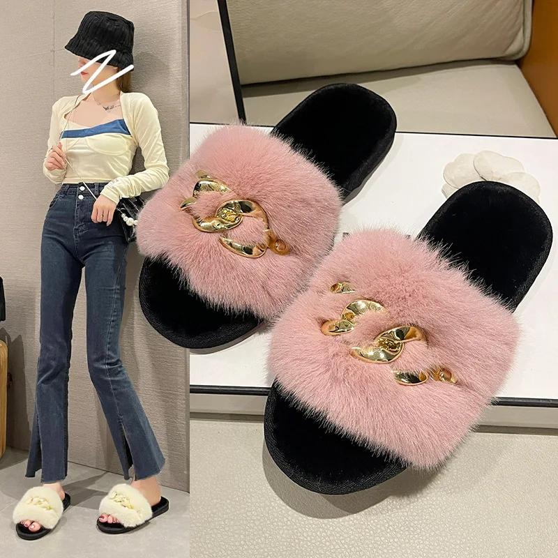 Fashion Chain Design Women Home Slippers Solid Color Open Toe Indoor Winter Flat Non-slip Leisure Interior Female Shoes 2025