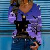 V Neck T-shirt Women's Halloween Printed Top Long Sleeve Pumpkin Funny Digital 3D Ladies T Shirts