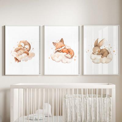 Милый Лис Олень Сова Кролик Медведь Облако Спящий Настенное Искусство Холст Живопись Скандинавские Постеры Принты Картинки Декор Комнаты Мальчика