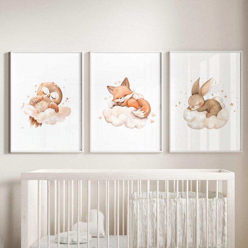 Милый Лис Олень Сова Кролик Медведь Облако Спящий Настенное Искусство Холст Живопись Скандинавские Постеры Принты Картинки Декор Комнаты Мальчика