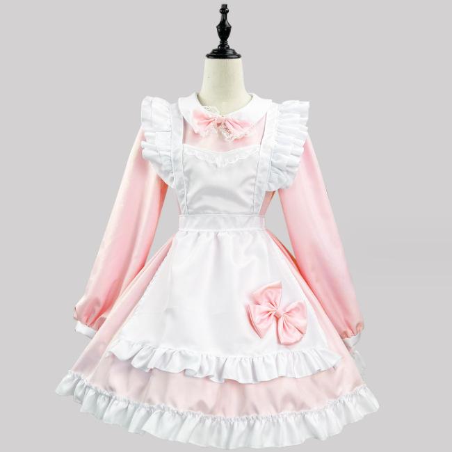 Japanese Maid Cosplay Cute Lolita Party Dress Black White Long Sleeve Classic Apron Maid Role Play Waitress Cross Dressing