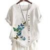 Women's Cotton Casual Top with 6 Butterfly Plant Print Patterns, Round Neck, Short Sleeves