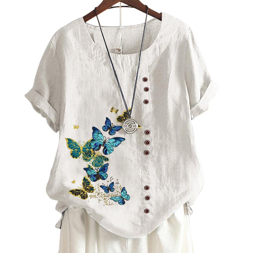 Women's Cotton Casual Top with 6 Butterfly Plant Print Patterns, Round Neck, Short Sleeves