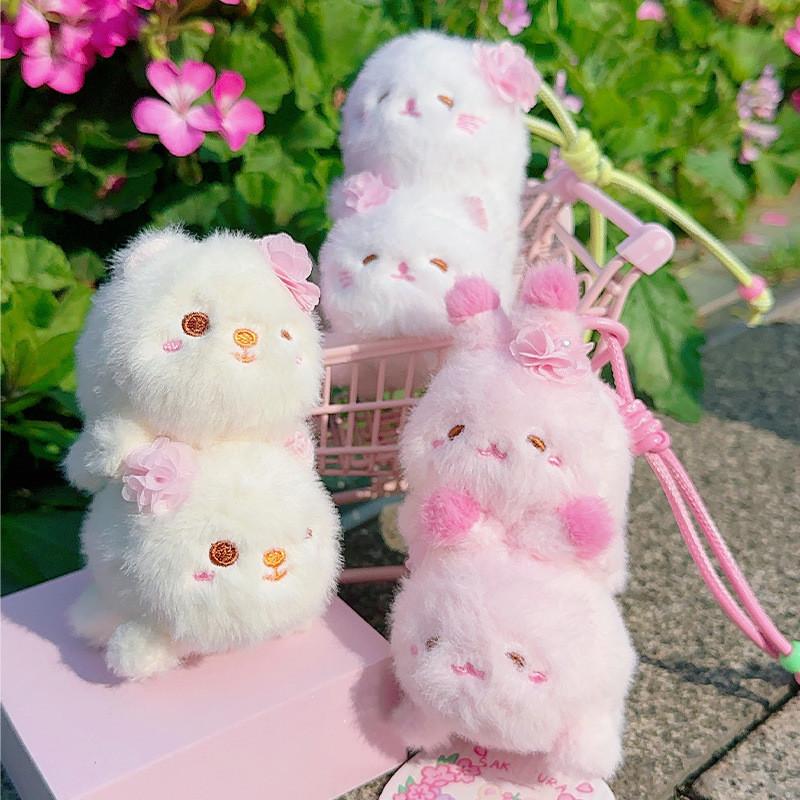 Sakura Season Cat Bear Rabbit Animal Plush Keychain With Hanging Strap For Bag Decor
