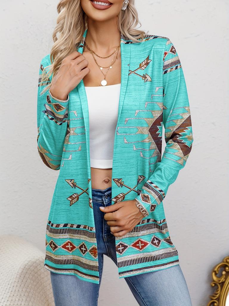 Западный этнический принт, кардиган с открытой передней частью, повседневный кардиган свободного кроя с длинными рукавами, женская одежда
