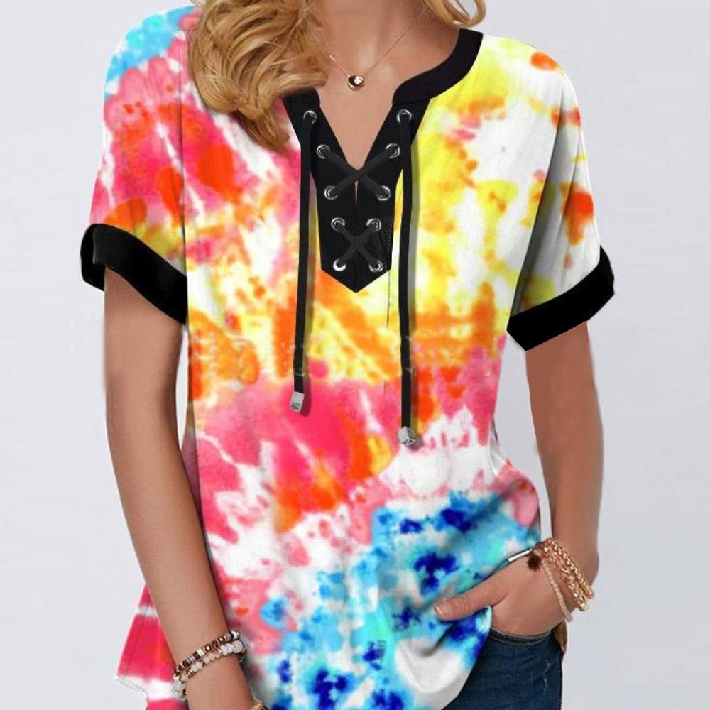 Женская футболка с цветочным принтом и коротким рукавом, повязка с крестом и v-образным вырезом, свободная футболка, женские топы больших размеров, летние футболки, одежда