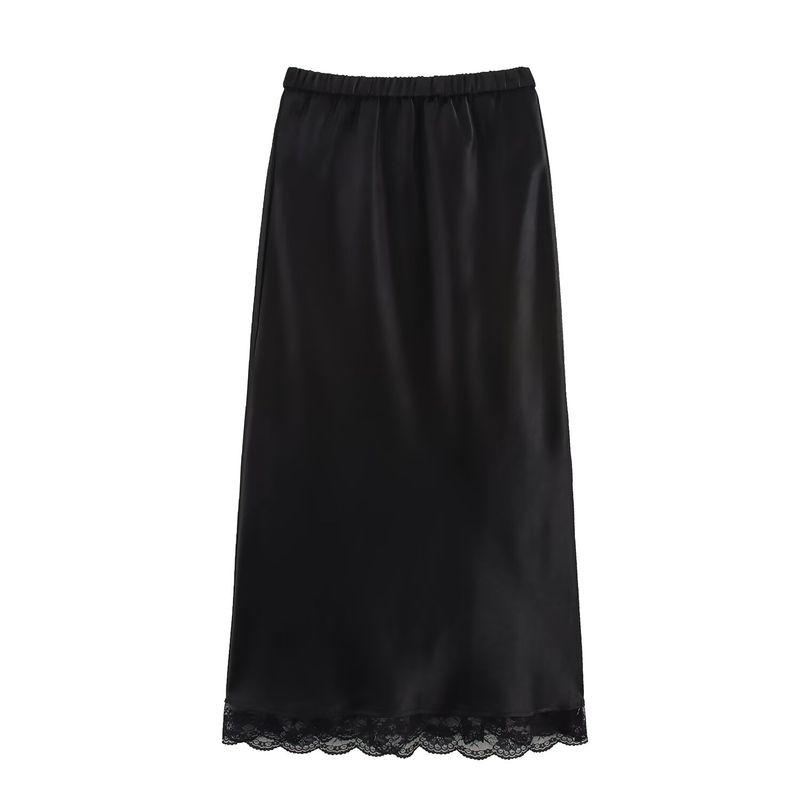 Kaslead New Women Clothes Western Style Fashion Acetate Satin Lace Elastic Waist Skirt Long Dress