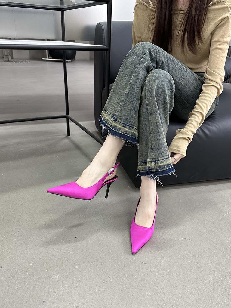 Модные женские босоножки с острым носком, летние туфли, тонкие высокие каблуки, ремешок сзади, стразы, пряжка, сексуальные шлепанцы, розовые, бежевые, черные, 35-39