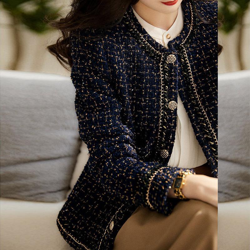 Женский осенне-зимний короткий женский твидовый пиджак в стиле ретро, ​​универсальные темно-синие пиджаки с круглым вырезом