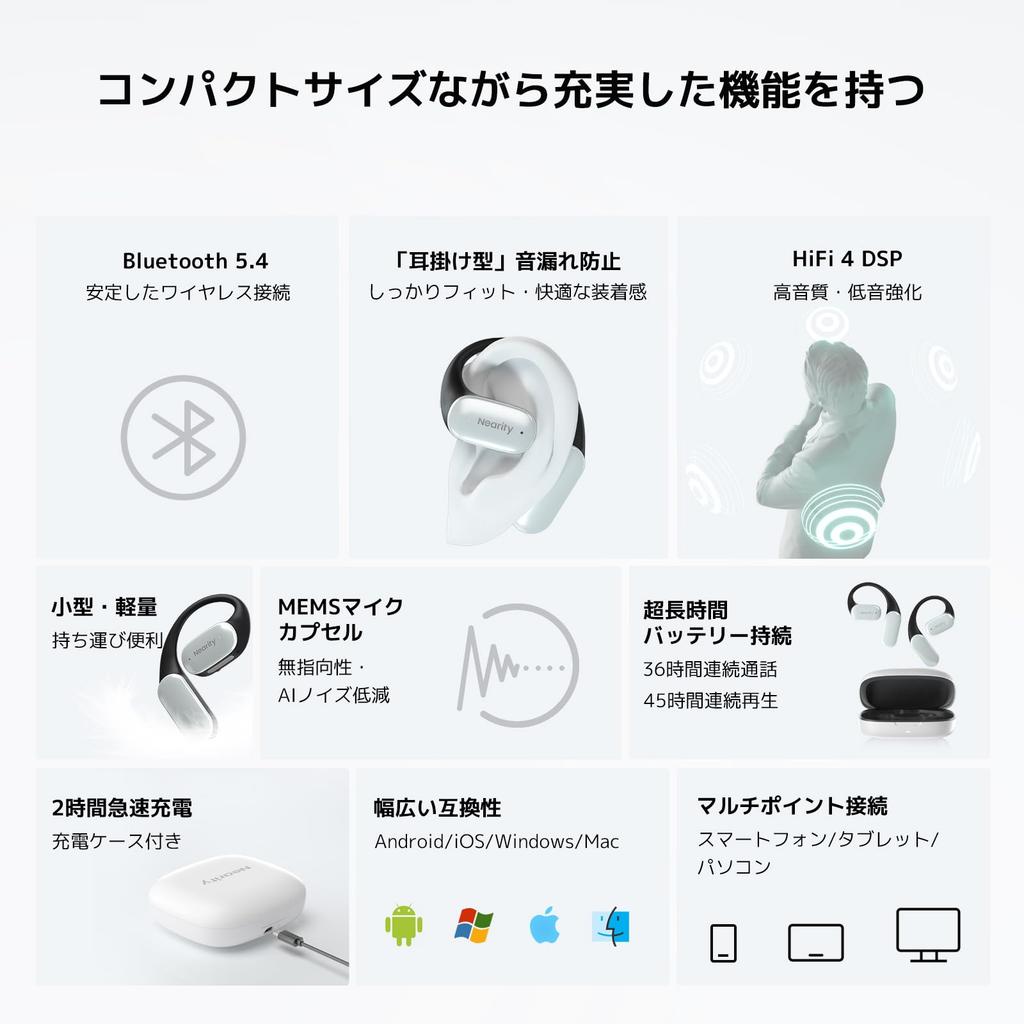 NEARITY Open Ear Wireless Bluetooth Includes Charging Equipped with 45 Hours of Continuous Rapid Deep Bass HiFi Sound Leak AI Microphone Noise Wide