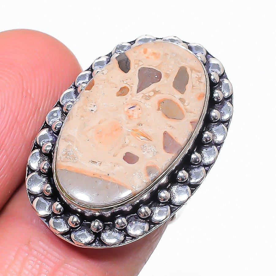 Натуральный камень Яшма Астероид 925 стерлинговое серебро Ювелирное кольцо Размер 6 y1L14