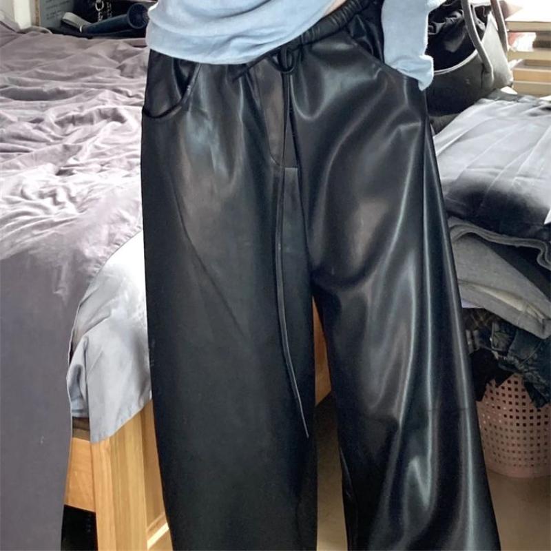 Женские черные кожаные брюки, свободные широкие брюки с высокой талией для девочек Y2K, повседневная уличная одежда