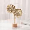 Golden Ginkgo Leaf Decoration with Wood Base Metal Feather Leaves Snowflake Figurine Statue Sculpture Home Office Living