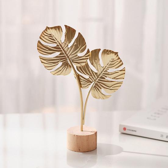 Golden Ginkgo Leaf Decoration with Wood Base Metal Feather Leaves Snowflake Figurine Statue Sculpture Home Office Living
